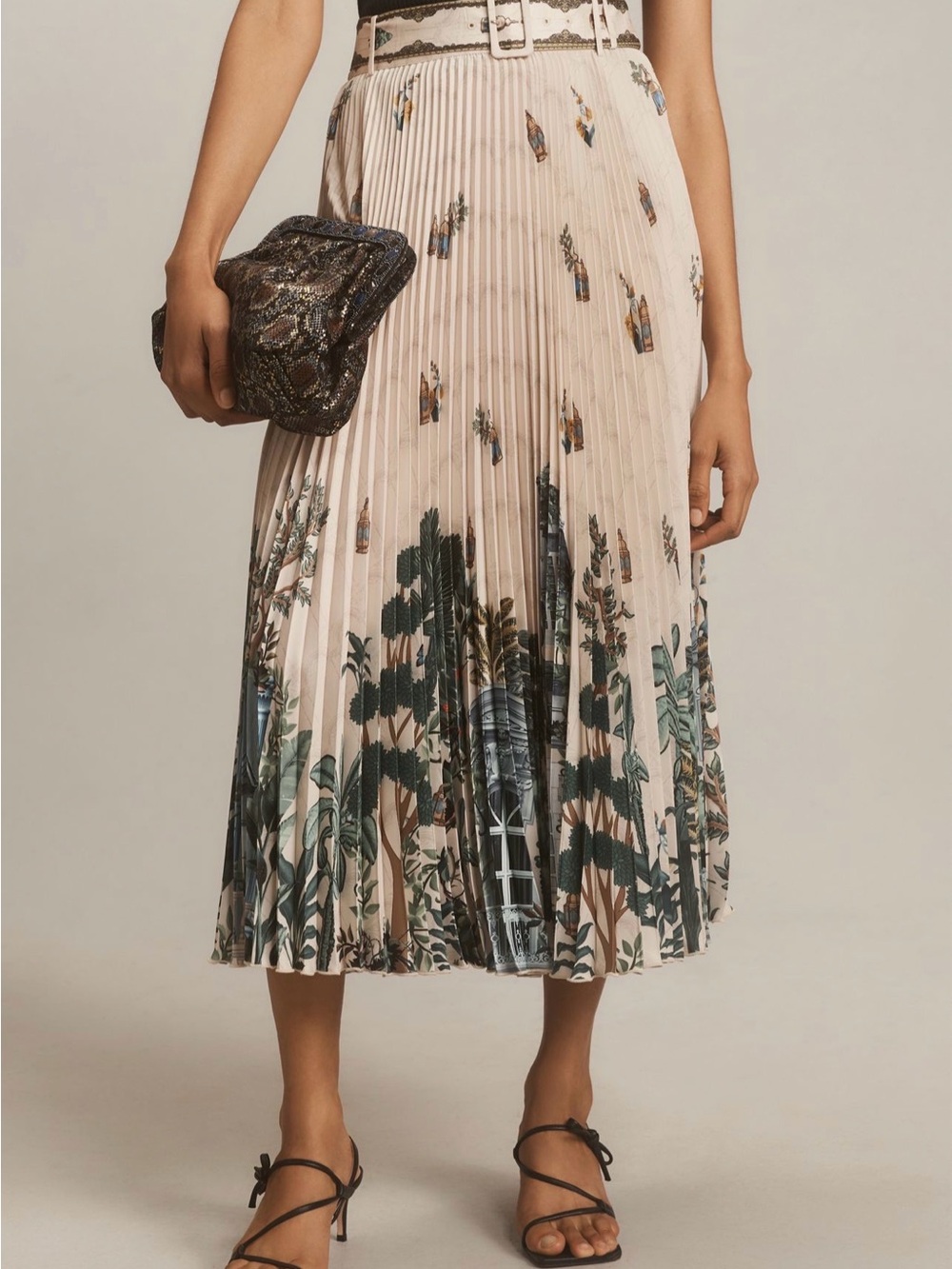 Ranna Gill Pleated Midi Skirt with Botanical Border